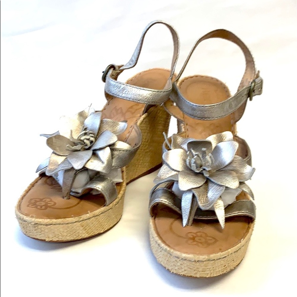 Born Silver Leather Sisal Wedge Espadrille 9